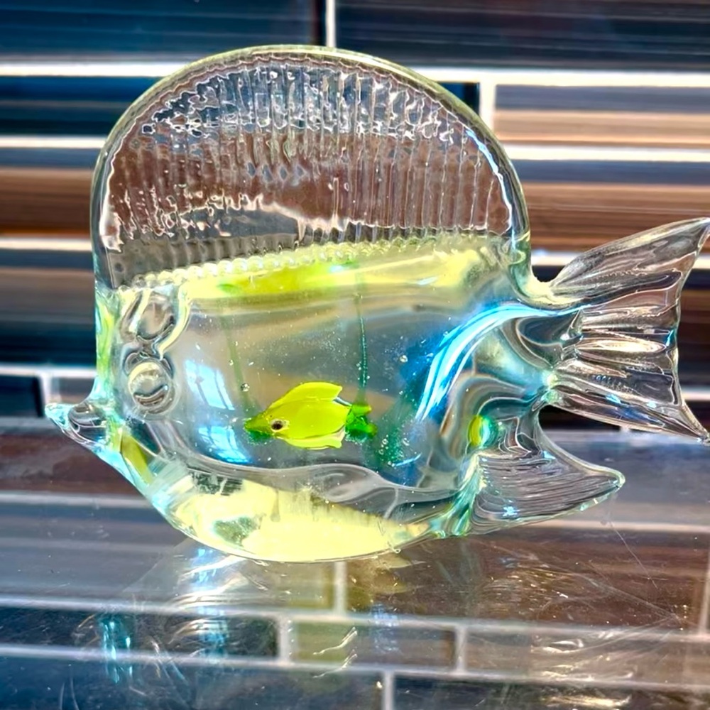 Blown Art Glass Vintage Bright Yellow Fish Figurine Paperweight